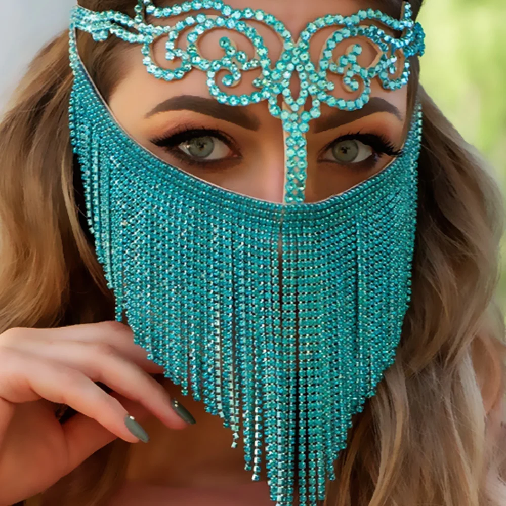 2023 Red Tassel Mask Glitter for Women Face Full Crystal Halloween Masquerade Headwear Sexy Bridal Veils Mask Elegant Rhinestone