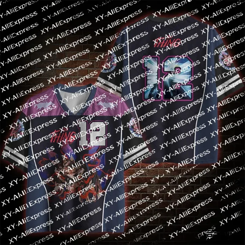 Men Varsity V-Neck Mesh Jersey, Retro Sci-Fi Monster Art Print, Casual Sport Mesh Top for Horror Convention Night Street Outfit