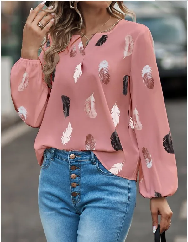 Plus Size Woman Blouse Shirts For Women Stylish Top long Sleeve Feather Pattern Female Tops Elegant Chiffon Mujer Woman Clothes image 2