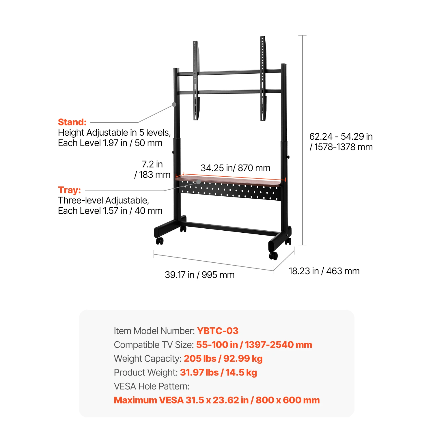 SucceBuy Rolling TV-standaard Mobiele TV-wagen Pak voor verschillende maten TV Draagbare TV-standaard met wielen voor woonkamer Slaapkamer Kantoor