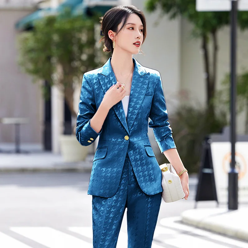 Fashion Ladies Formal Pant Suit Women Houndstooth Single Button Jacket And Trouser Female Business Work Wear 2 Piece Blazer Set