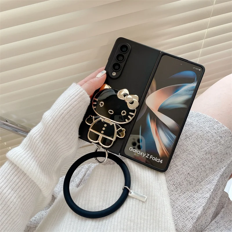 Girl Fashion Silicone Hand Ring Bracelet Cartoon Mirror Phone Case For Samsung Galaxy Z Fold 6 5 4 3 2 5G Shockproof Phone Cover