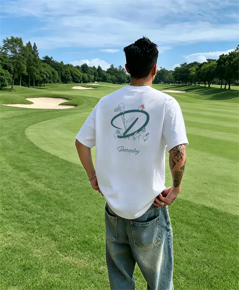 Men's White Golf T-Shirt with Creative Graphic Casual Short Sleeve Outdoor Sports Tee for Golf Lovers