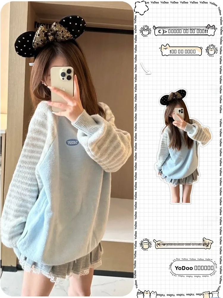 

Ele Patchwork Sweater Women's Autumn Winter New Lazy Sle Design American oulder Insert Sve Slim Fit Hoodie