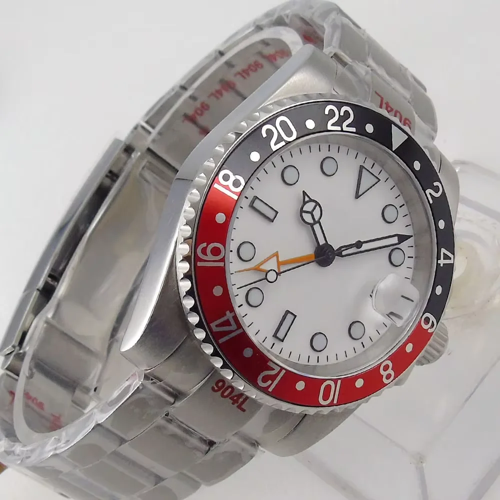 

Rotating Bezel 40mm Automatic GMT Watch Men Sterile White Dial Date Steel Bracelet Sapphire Glass Date Indicator