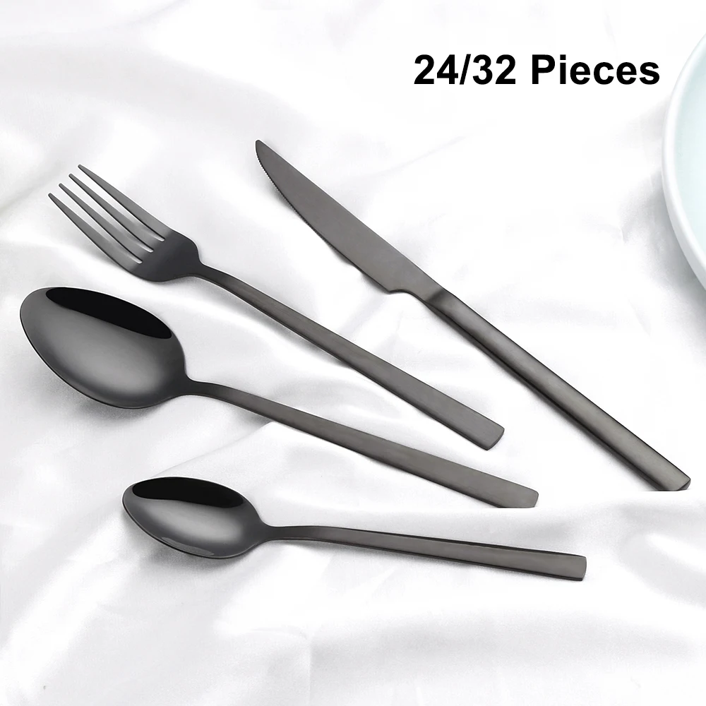 24/32 Pieces Gold Tableware Knife Spoon Fork Set Stainless Steel Cutlery Set Black Dinnerware Sliver Kitchen Utensils Flatware