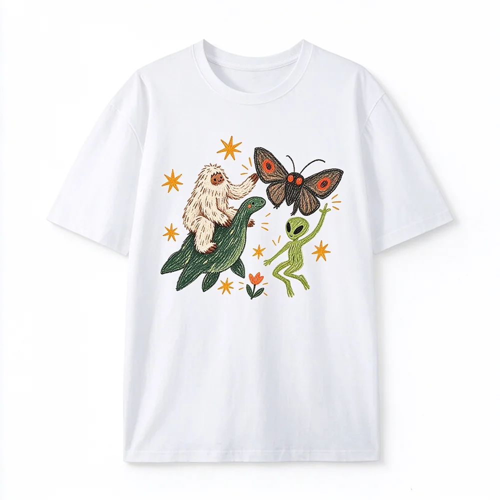 Cute Weird Bigfoot Alien Moth Turtle Print T-Shirt Women Men Aesthetic Oversized Vintage Wash Short Sleeve Fantasy Casual Tee