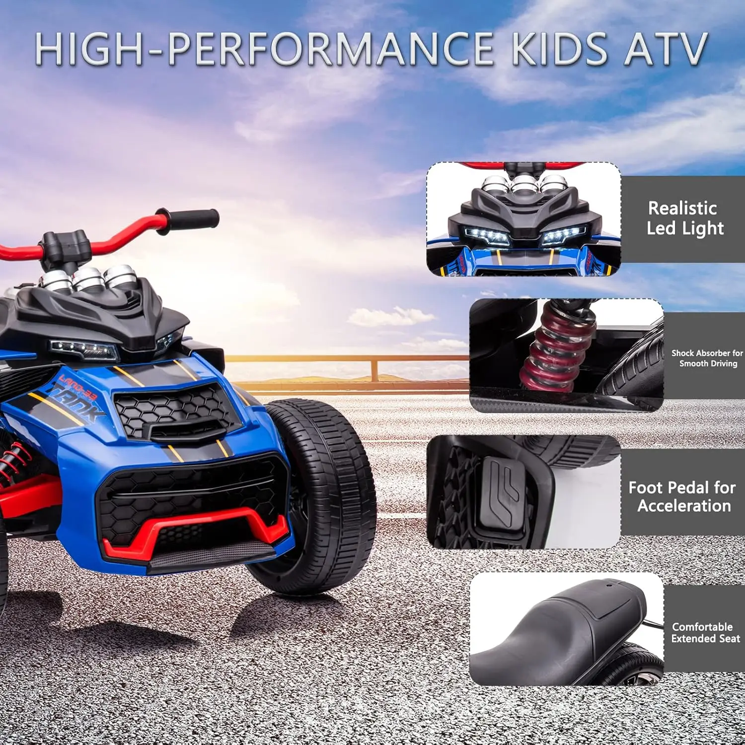 24V Kids ATV 3 Wheeler Ride on Motorcycle with LED Lights, Ride-on Electric Car for Kids with Rubber Plastic Polymerized EVA tir