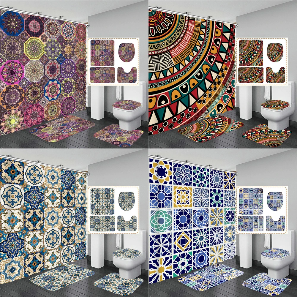 

Bohemian style Printed Fabric Bathroom Shower Curtain Set with 12 Hooks Boho Bath Mats and Rugs Non-slip Carpet Toilet Covers