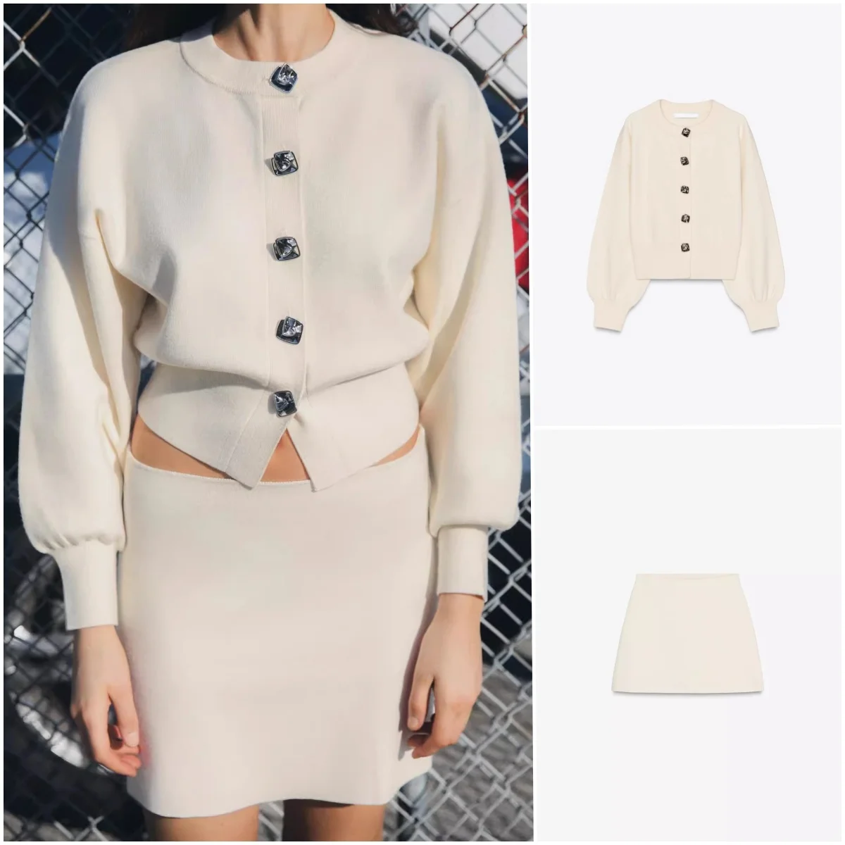 

Весенний новый женский модный вязаный комплект из джата и юбки с пуговицами и цветочным декором, плоская игла, длинная све, круглая, или...