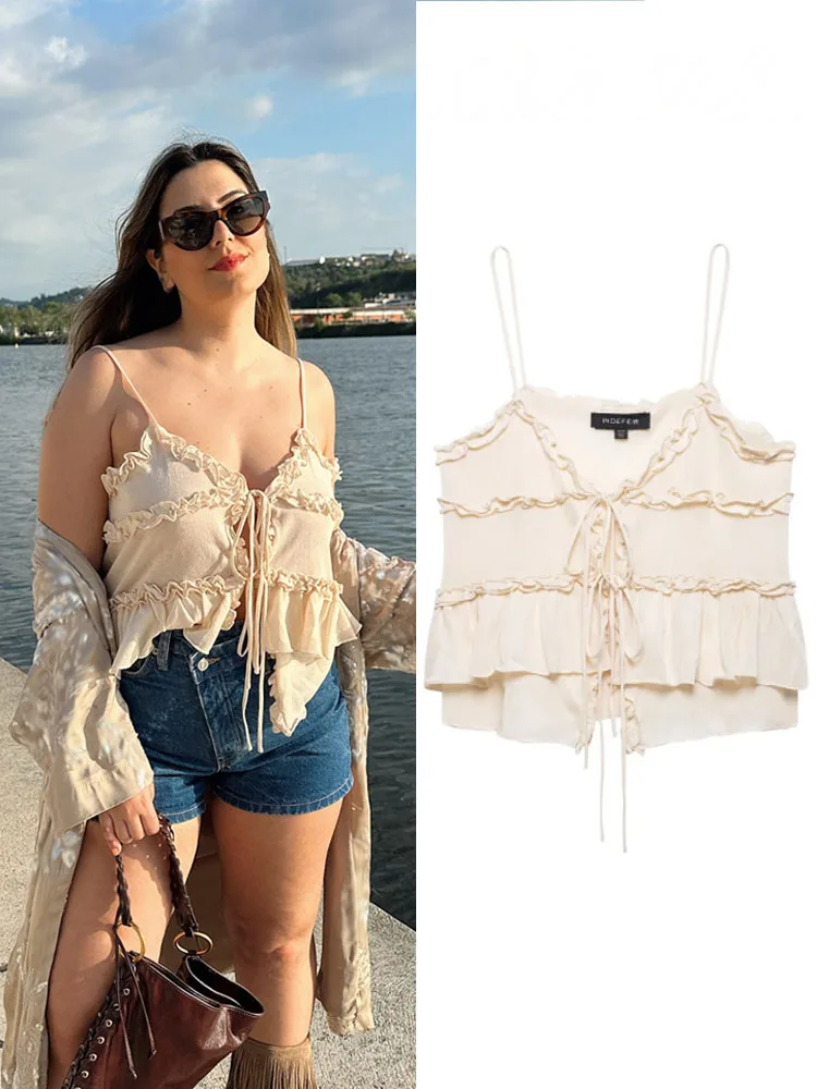 HH frauen Sommer Neue Mode Rüschen Sexy Gestrickte Top Weibliche Vielseitig V-ausschnitt Spitze Up Ärmel Dünne Kurze Schlinge Top Mujer