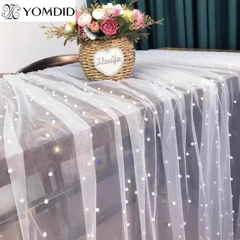 YOMDID INS Wedding Birthday Tablecloth Tulle Pearl Table Cloth Extra Large Party Prom Background Cloth Banquet Table Decoration