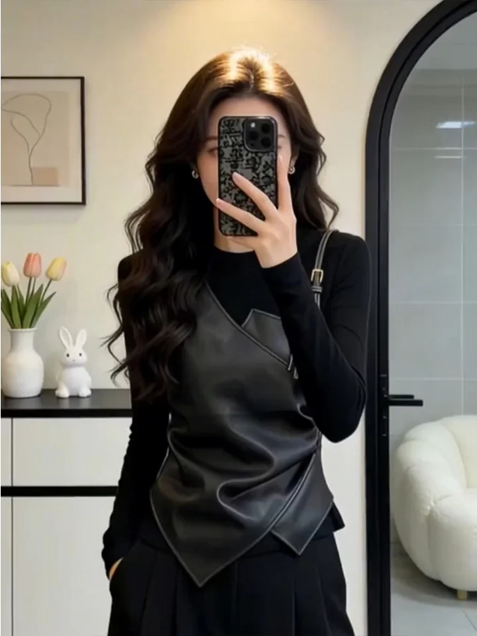 

Женская футболка больших размеров из искусственной кожи с длинным рукавом и круглым вырезом, имитация двухслойности, модный американский стиль, повседневная одежда