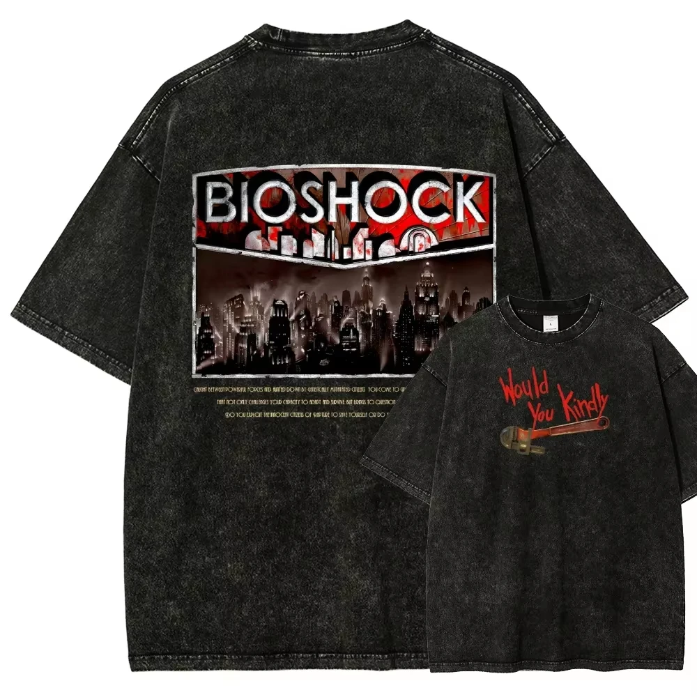 Klassisches Retro-Shooter-Spiel Bioshock Grafik-Print T-Shirt für Männer und Frauen Neues Harajuku Übergroßes Unisex-Paar-T-Shirt im Used-Look – Detail 7