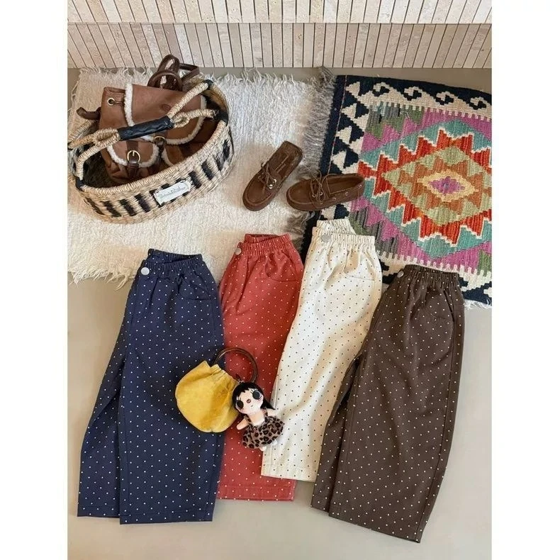 Korean Childrens Wear Fall New Fashion Stylish Vintage Polka Dot Wide Leg Pants Girls Casual Pants Outerwear