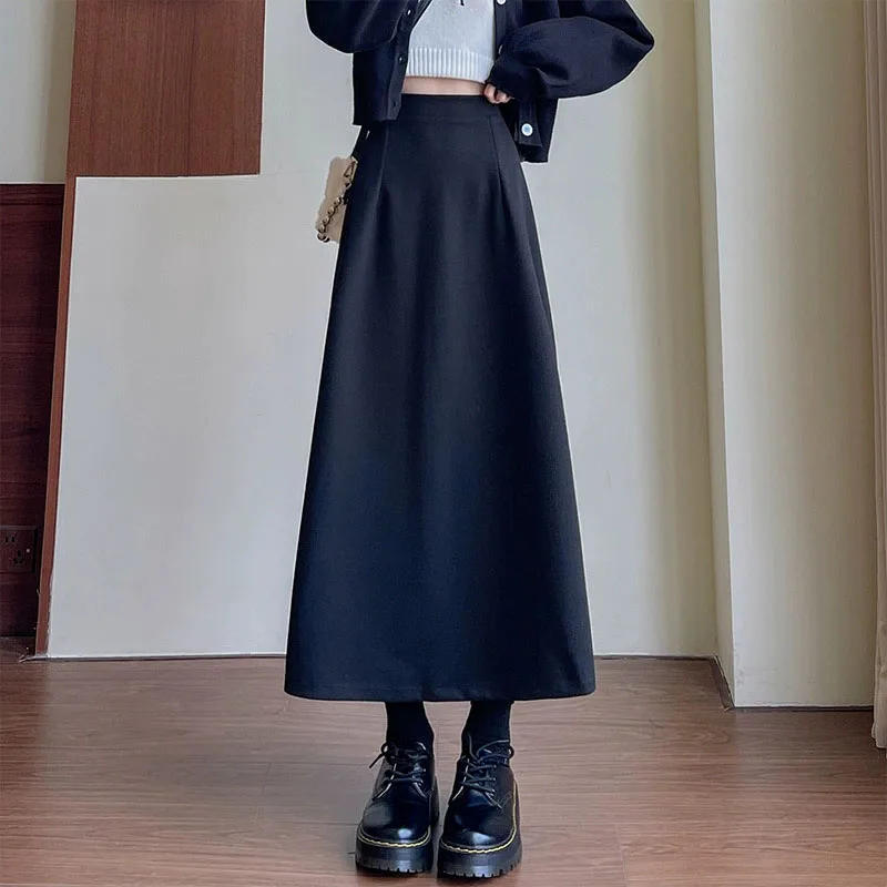 Fall Woolen Long Skirt for Women Elegant Loose High Waisted Ankle Length A-Line Skirts Woman Vintage Versatile Split Midi Skirts