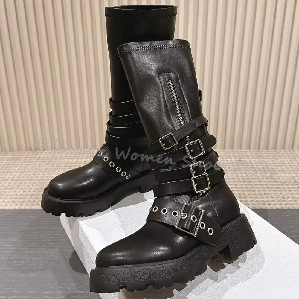 

Rivet Knee High Boots Zippers Round Toe Chunky Heels Belt Buckle Fashion Elegant Concise Sexy Women Genuine Leather Shoes Newest