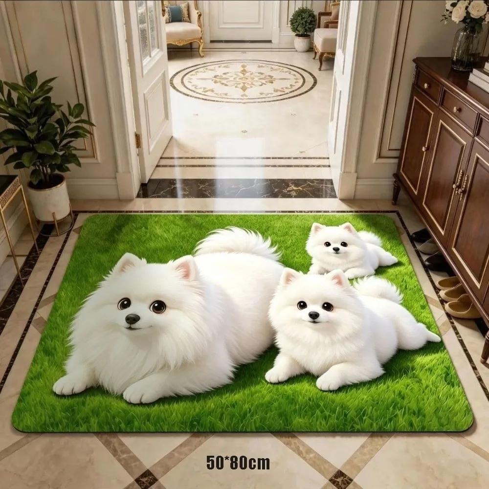 3D Printed Dog-Shaped Area Rug Pet Themed Absorbent Pomeranian Dog Mat Abrasion-resistant Non-Slip Diatom Mud Mat