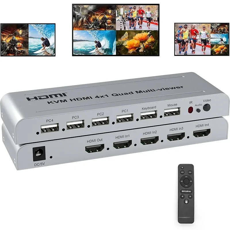 KVM HDMI 4X1 Quad Multi Viewer Switch 4 in 1 out Vedio Processor Screen Multiviewer Seamless 1080P Supports USB keyboard mouse