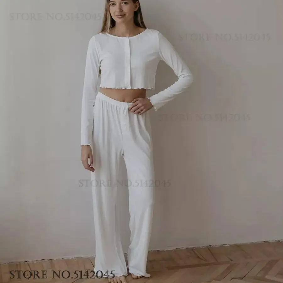 

Female Knitted Pajamas 2PCS Set Sleepwear Spring Summer Cotton Trouser Pijamas Suit Simple Cotton Loungewear Loose Home Clothes