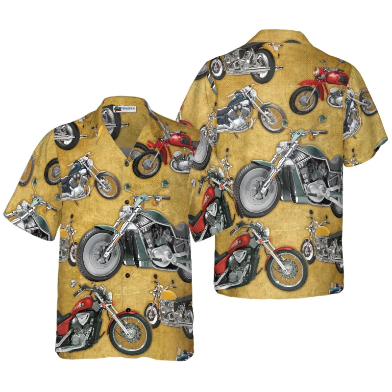 Retro Motorcycle Pattern Hawaiian Shirt For Men Short Sleeve Button Up Aloha Shirts Casual Summer Vacation Party Beach Shirt