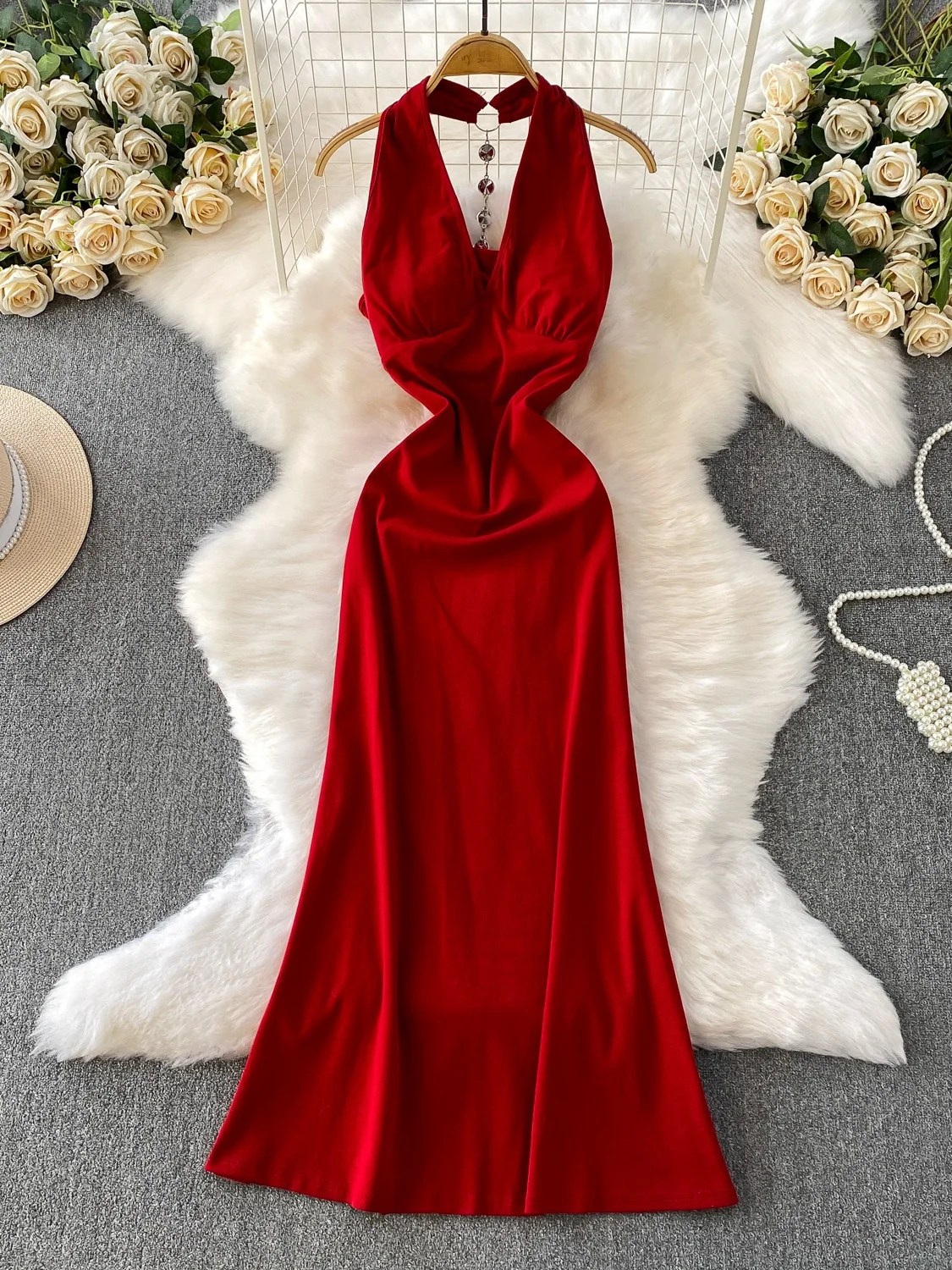 

Sexy V-ne Bal Dr with Chest Pad Hanging Ne A-word Long Skirt for Women Tight Waist Slimming High Waist Soft Fabric