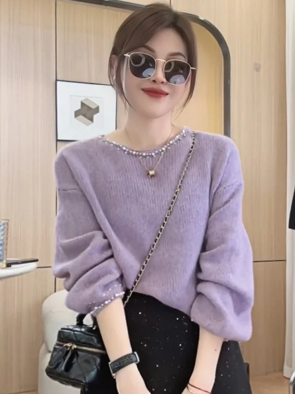 

Japanese Sle plus Size Sweater Women's Loose Slimming Heavy Bead Knitted Top Autumn Season Long Sve round Ne Cotton Linen