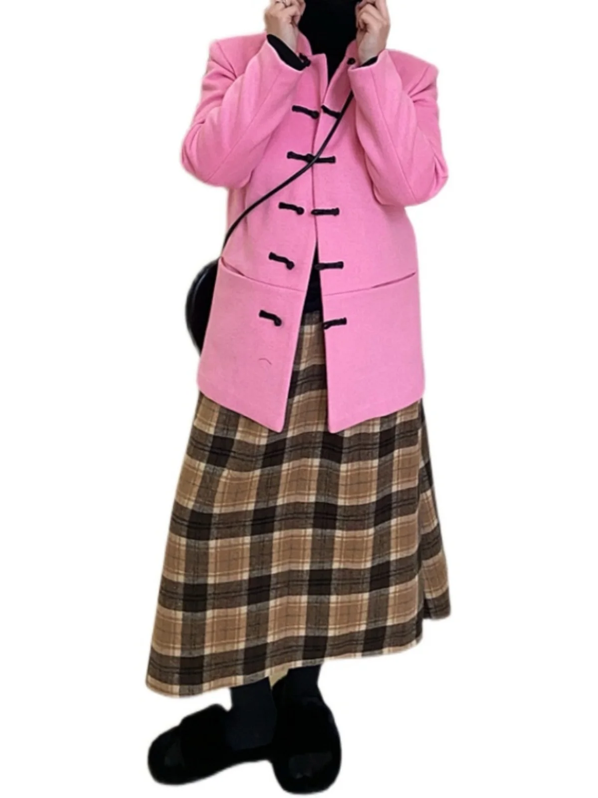 

Элегантное розовое шерстяное пальто в ретро-китайском стиле, большие размеры, осенне-зимняя новинка, приталенный крой, для повседневной носки, с длинными рукавами