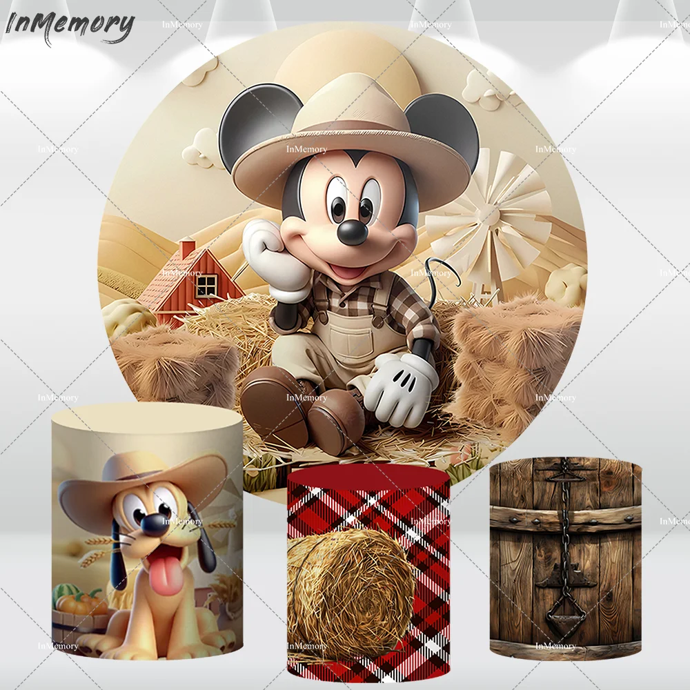 

Disney Mickey Farm Party Round Backdrop Cover Western Cowboy Birthday Circle Background Cake Table Cylinder Covers