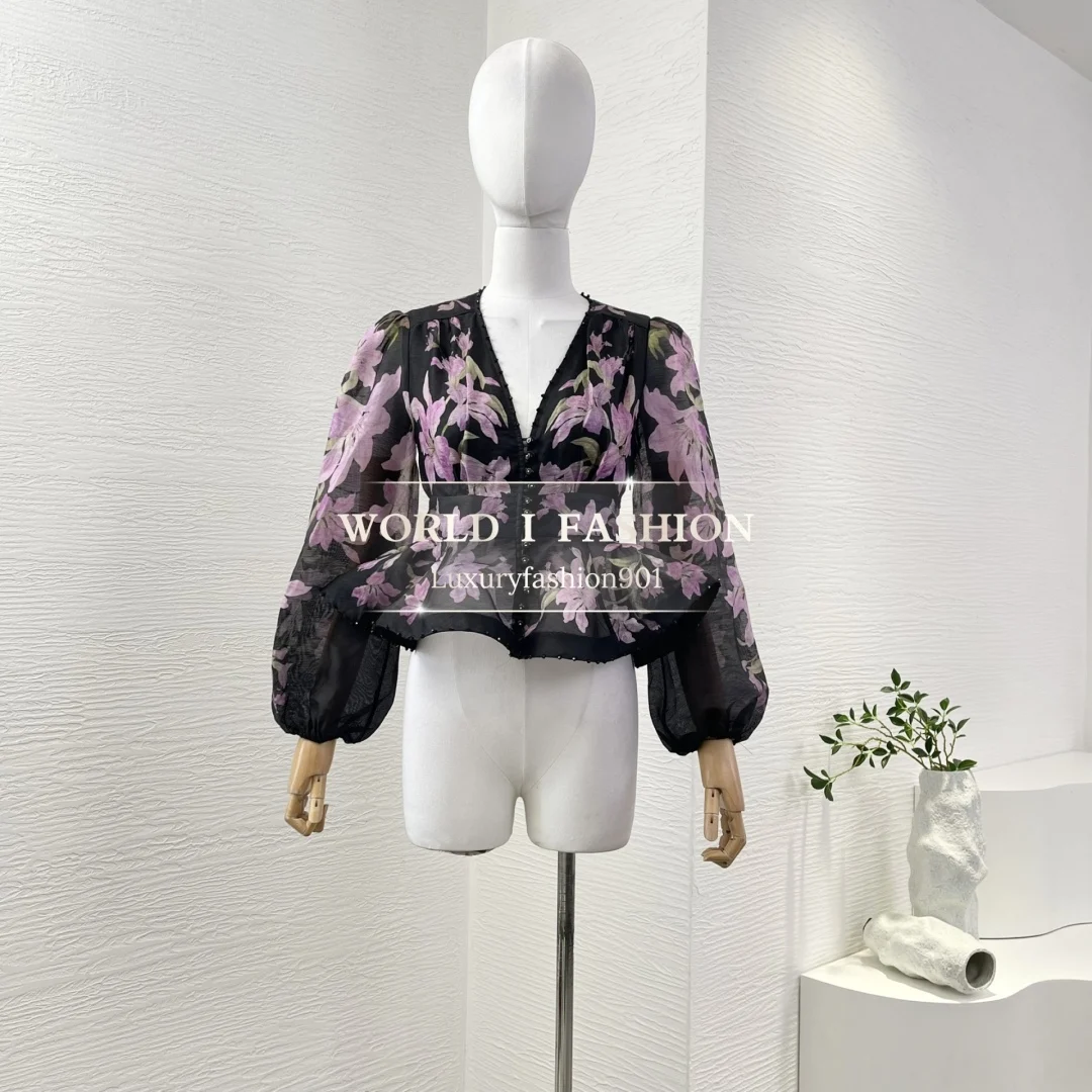 

2025 New Fashion Black Violet Lily Flowers Print Beading Hem Long Sleeve V Neck Blouse Tops