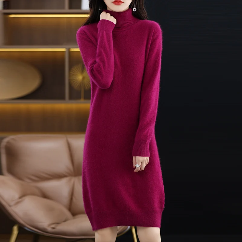 Vestido de malha de cashmere vison para mulheres, gola alta, manga comprida, monocromático, solto e luxuoso, macio e quente, inverno coreano