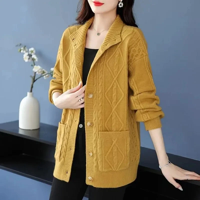 2024Spring Autumnr New Cardigan Sweater Jacket Women  Loose Half-high collar Single-Breasted Knitted Sweater Casual Coat Female