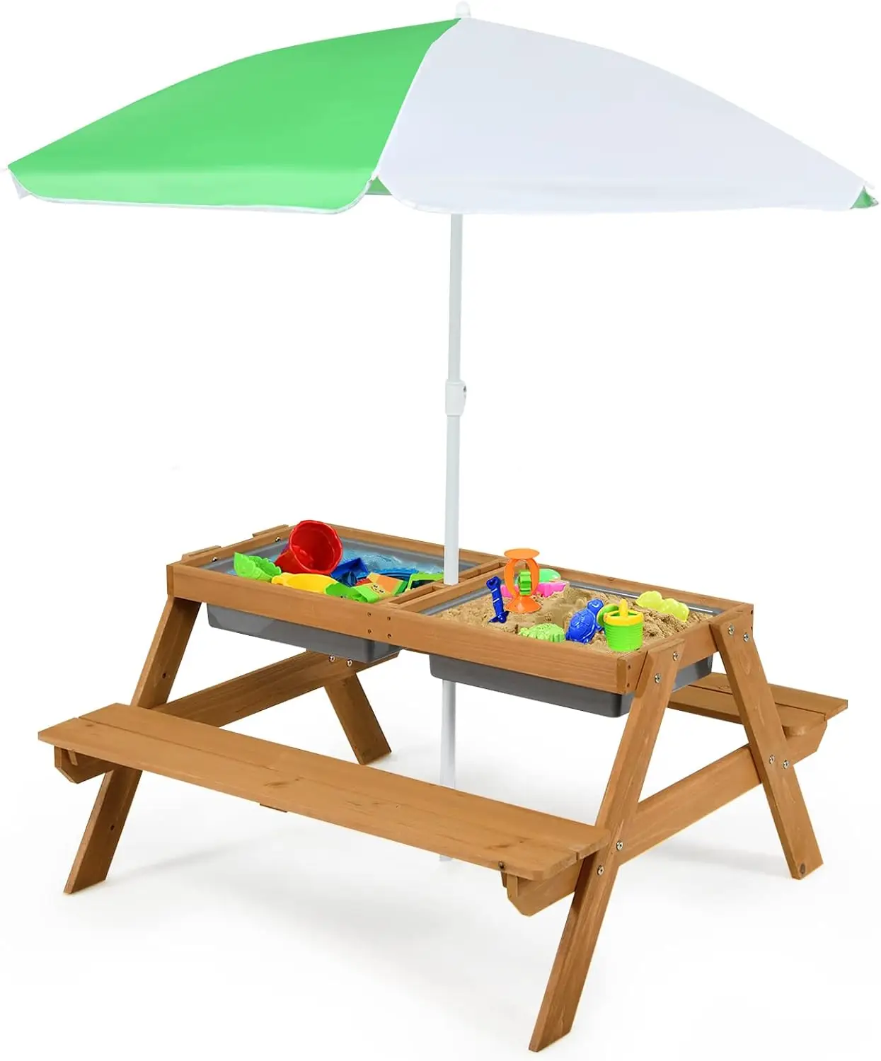 3 in 1 Sand & Water Table w/Height Adjustable Umbrella, Removable Tabletop, Children Outdoor Toy Playset w/2 Play Boxes