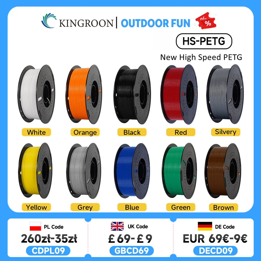 KINGROON Newest HS-PETG 3D Printer Filament 1.75mm High Speed 3D Printinng Material Hyper PETG 5KG 10KG Mix Color