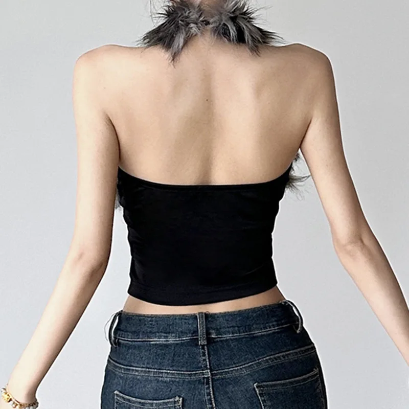 

Y2K модная пикантная девушка с волосатой сращиванием Pure Desire для похудения с высоким воротом без рукавов сексуальная майка с открытой спиной 2024 новая партия