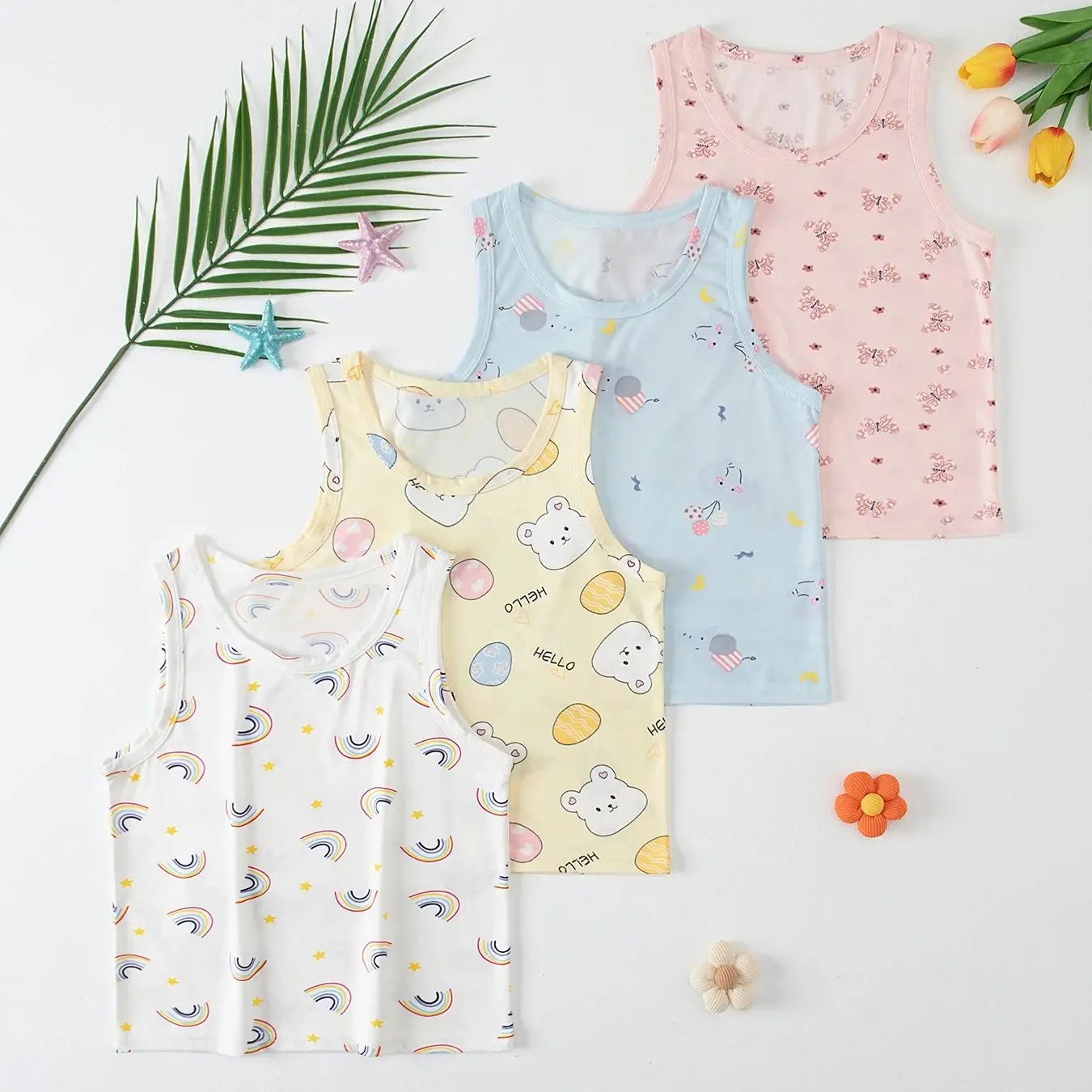 4-Piece Set of Children's Four Season Cute Cartoon Printed Vest for Boys and Girls Comfortable Round Neck Top Versatile Base T