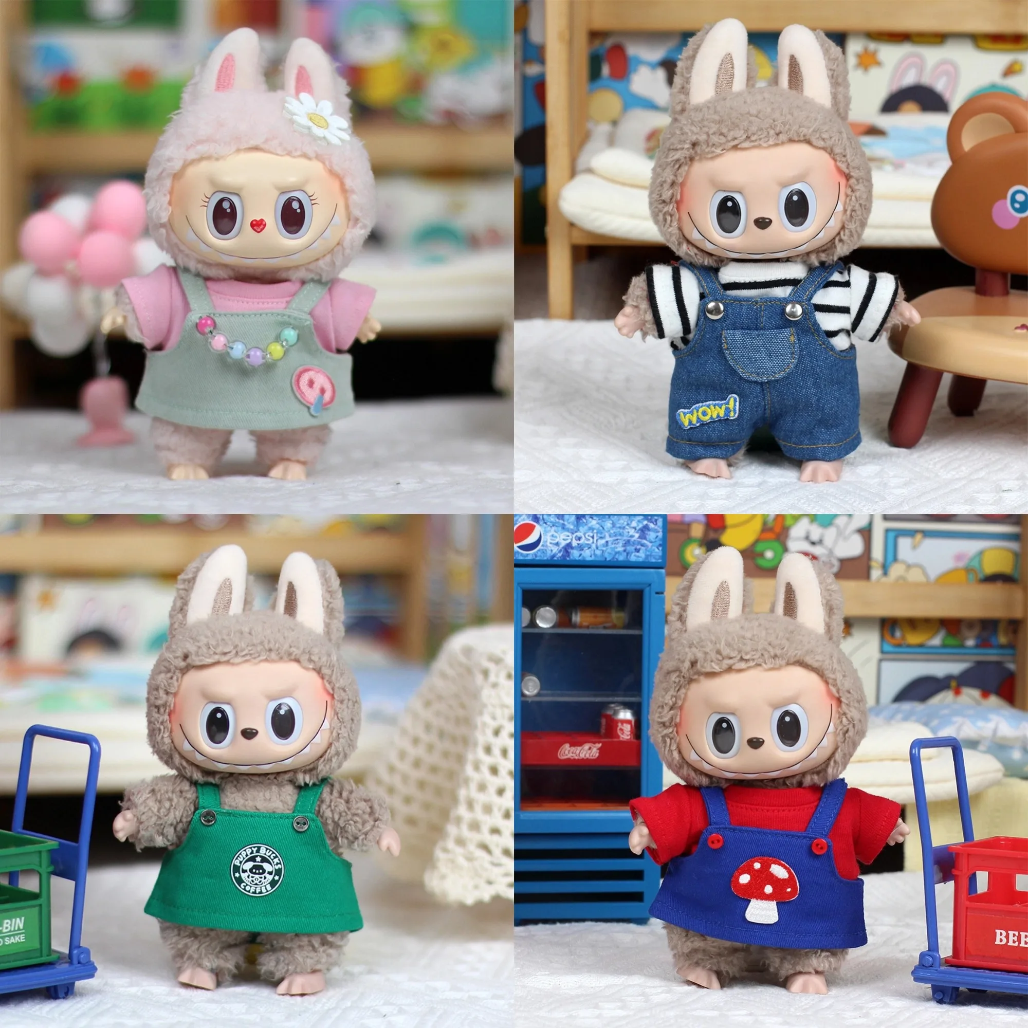 For 17cm Labubu Doll Clothes  Cowboy mushroom overalls  Barista Green work uniform Labubu Ropa