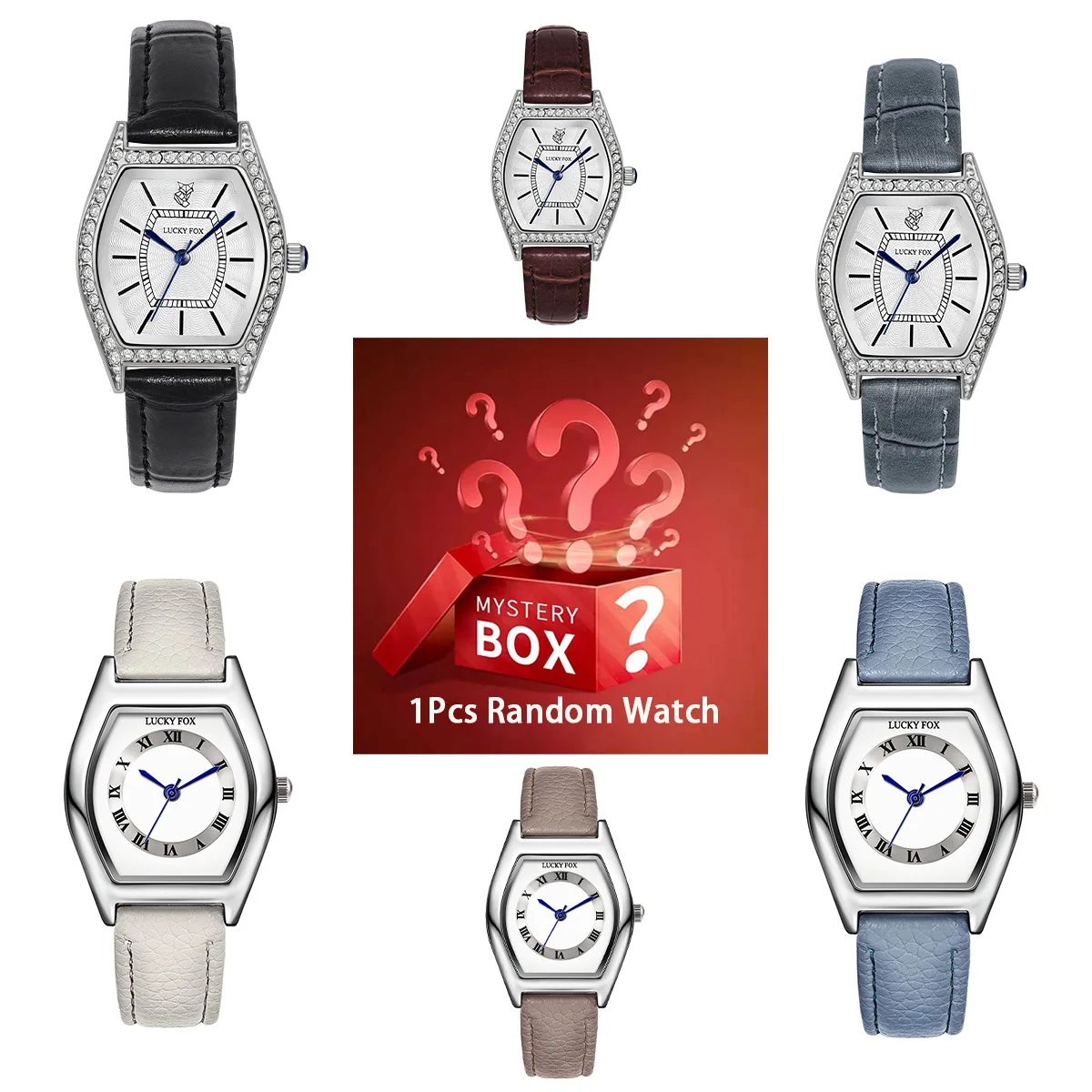 

Тайная коробка-сюрприз содержит 1 случайные женские часы с часами неправильной формы и бриллиантами.