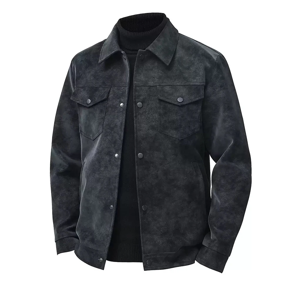 Tie Dye Retro Jacket for Men Using Imitation Leather Material with Loose Fit Lapel Collar and Functional Cargo Pockets