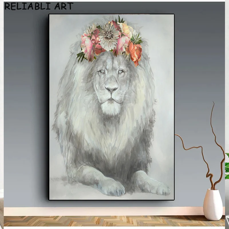 Modern Abstract Animal Lion and Flower Wall Art Canvas Painting Poster and Prints For Living Room Home Decor No Frame