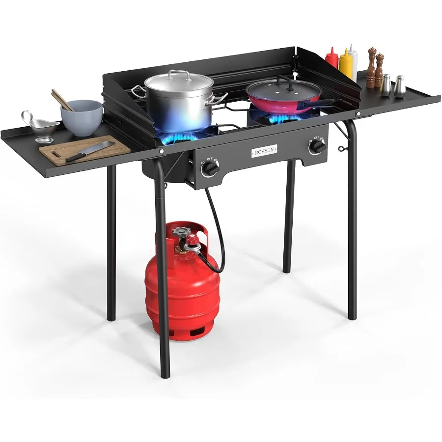 

ROVSUN 2 Burner Gas Stove with Side Shelves 150 000 BTU Portable Propane Stove with Removable Legs Wind Panels Regulator for Ou