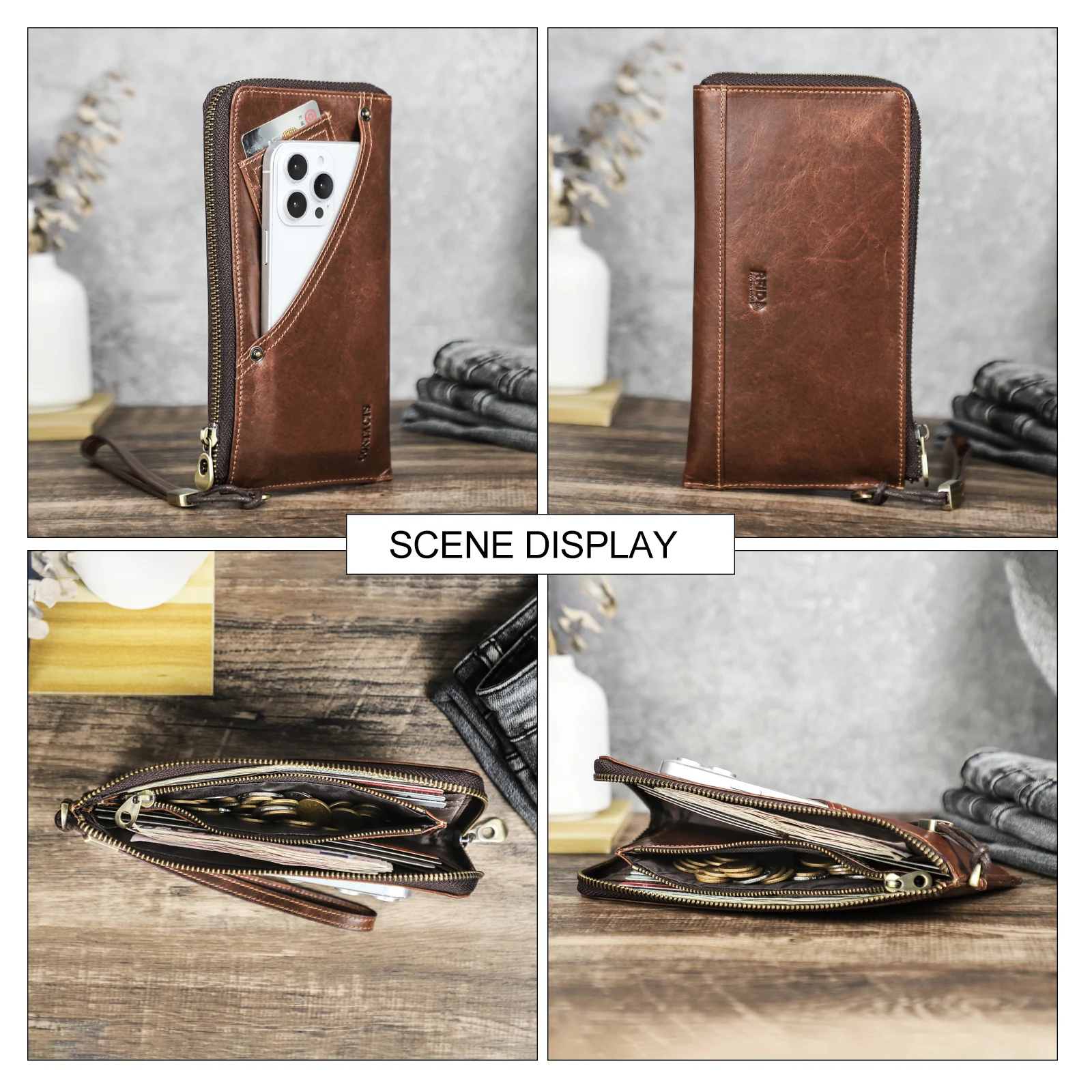 CONTACT'S Genuine Leather Long Wallets for Men Full Grain Leather Clutch Bags Phone Pocket Card Holder Money Clip Coin Purses