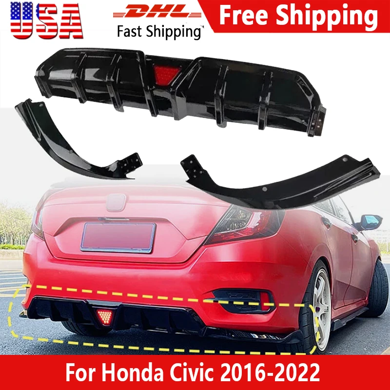 

For Honda 10th Civic 4Dr Sedan 2016-2020 2021 2022 Car Rear Diffuser Lip Body Kit With LED Light Bumper Spoiler Splitter Guard