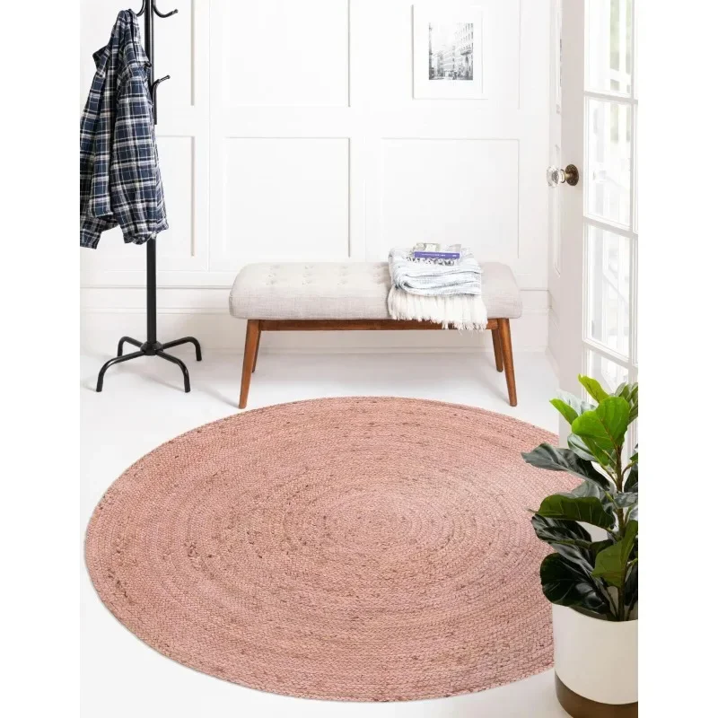 

Round Rug Natural Jute Reversible 100%Handmade Pink Rug Braided Modern Look