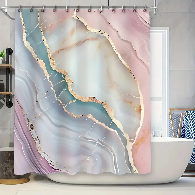 

Занавеска для душа с абстрактным мраморным узором для декора ванной комнаты — мягкие пастельные цвета с золотыми акцентами — водонепроницаемый и прочный дизайн