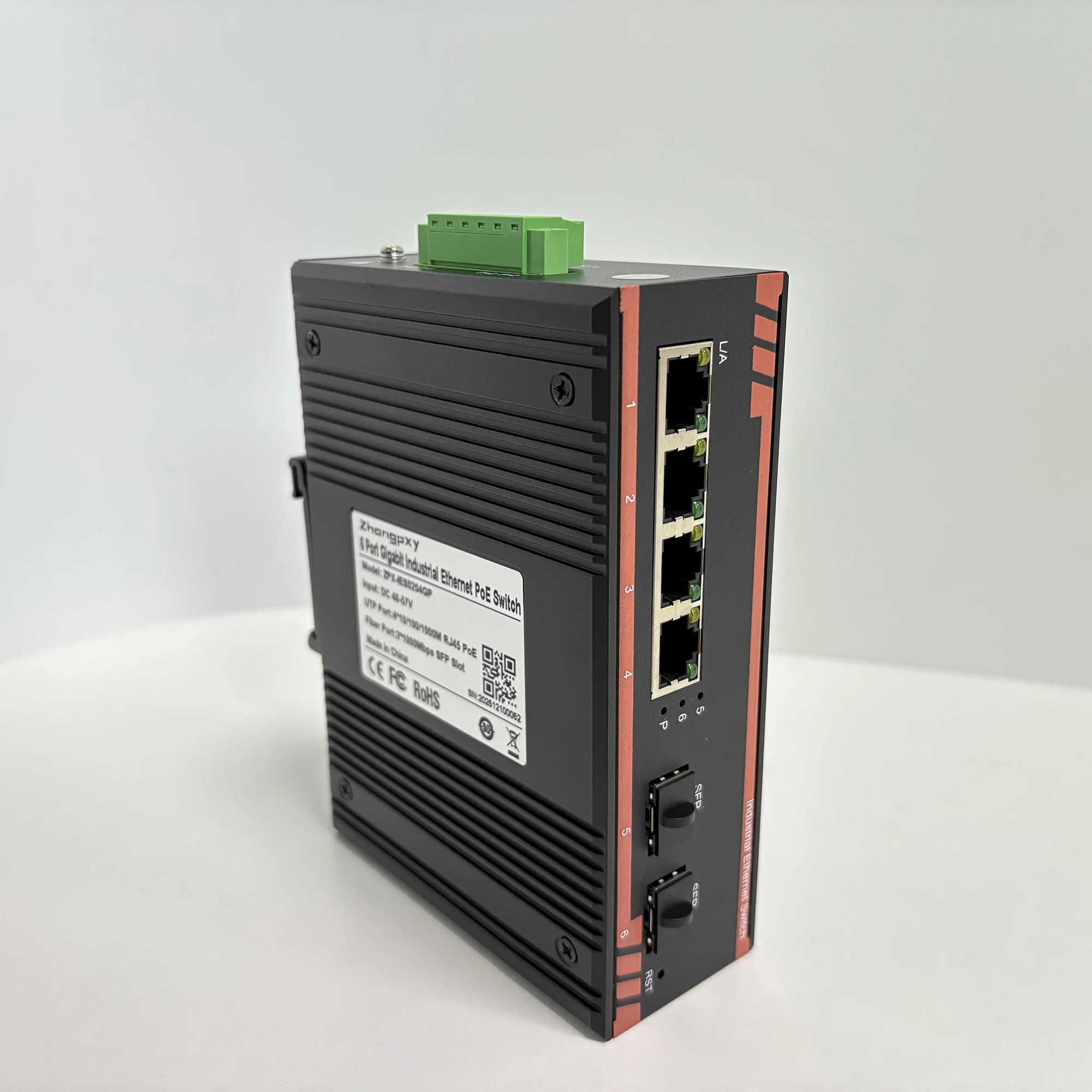 

Industrial Ethernet Switch 4×Gigabit RJ45 + 2×SFP | 6-Port Unmanaged DIN-Rail Switch | IP40 Metal | 12–52V DC | -40~80℃
