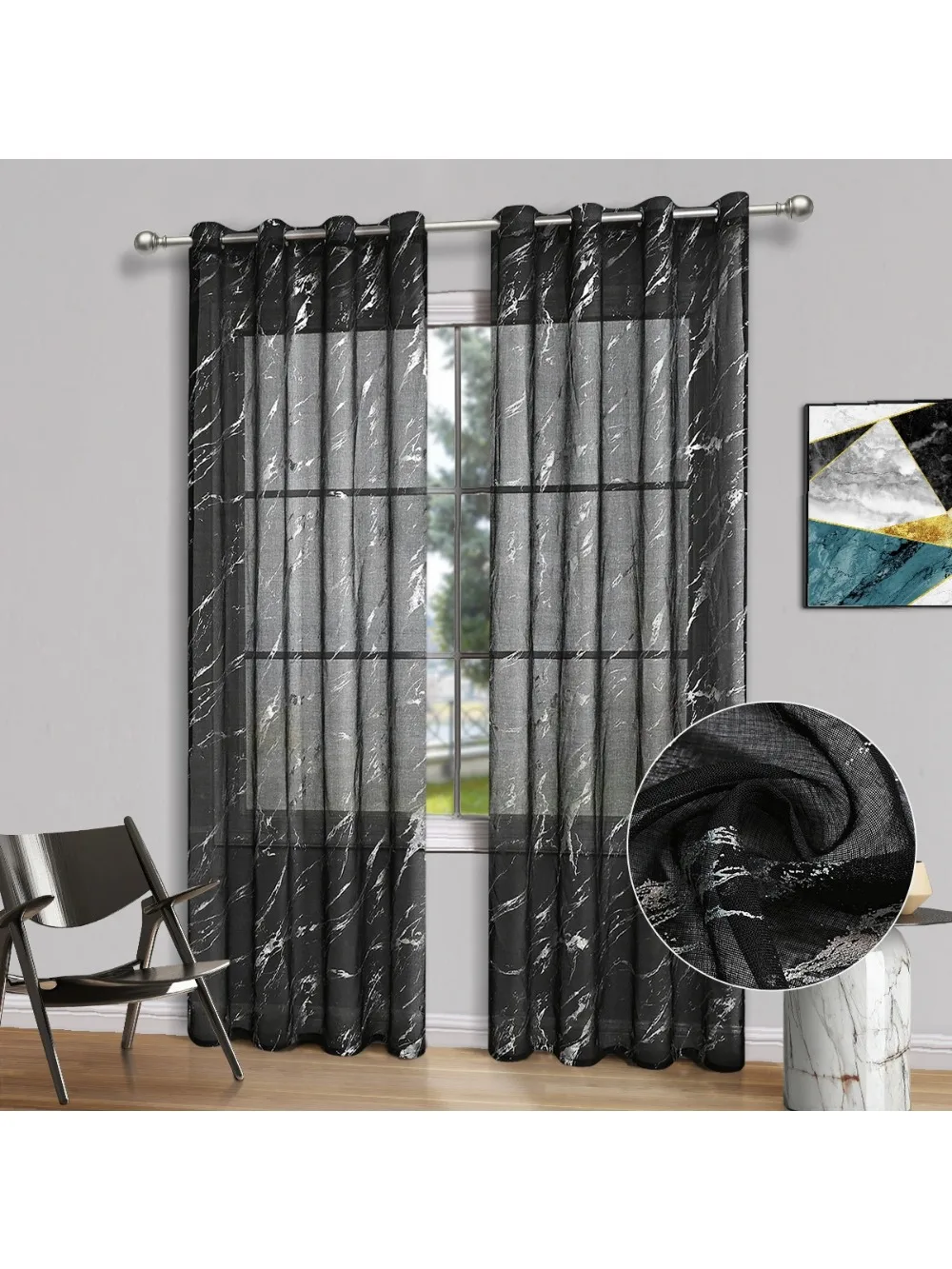 Rideaux transparents imprimés en osier, 2 pièces, à œillets, pour fenêtre supérieure, panneaux de traitement bronzants métalliques de luxe pour la décoration de la maison