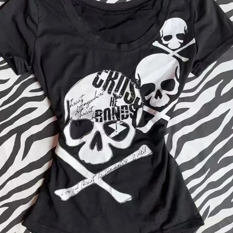 Subcultural American Black Skull T-shirts Gothic Graphic T Shirts Crop Top Women Grunge Y2k Tshirt Ropa De Mujer