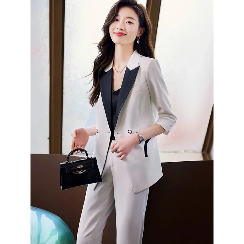 Blazer e calça feminina, conjunto formal de duas peças para senhoras do escritório, jaqueta branca e preta para mulheres, negócios e trabalho