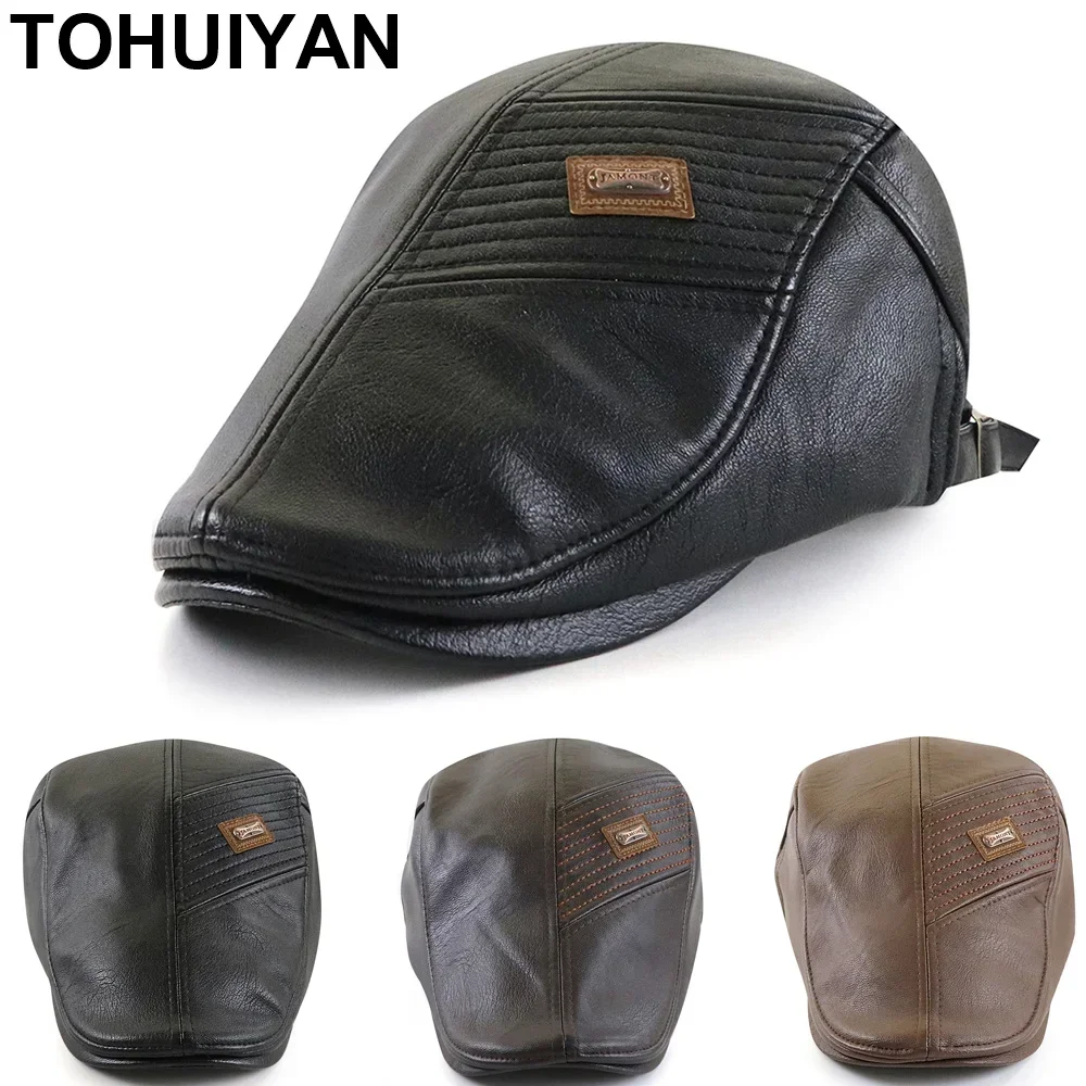 

TOHUIYAN Warm Leather Newsboy Caps Vintage Winter Boina Hombre Flat Hat Autumn Dad Duckbill Visor Hats Irish Casual Peaked Cap